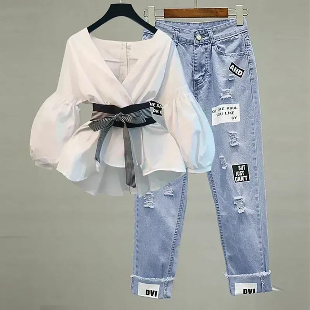 Korean Lifestyle - Vrouwen elegante v-hals streep lantaarn mouw